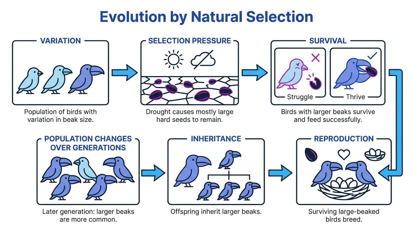 Flow diagram showing variation in bird beaks, drought as a selection pressure, survival, reproduction, inheritance, and larger beaks becoming more common over generations