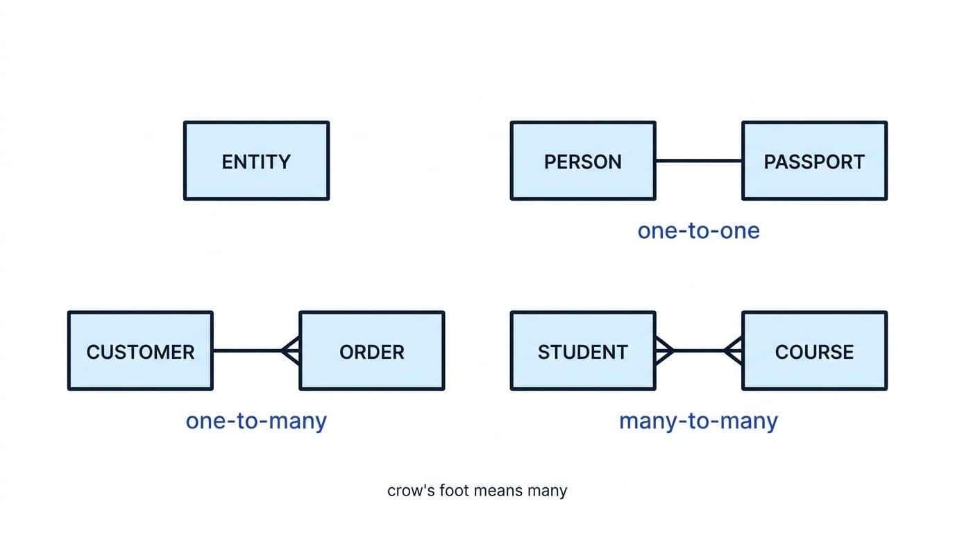 ERD notation summary showing an entity rectangle plus one-to-one, one-to-many, and many-to-many relationships with crow's feet labelled