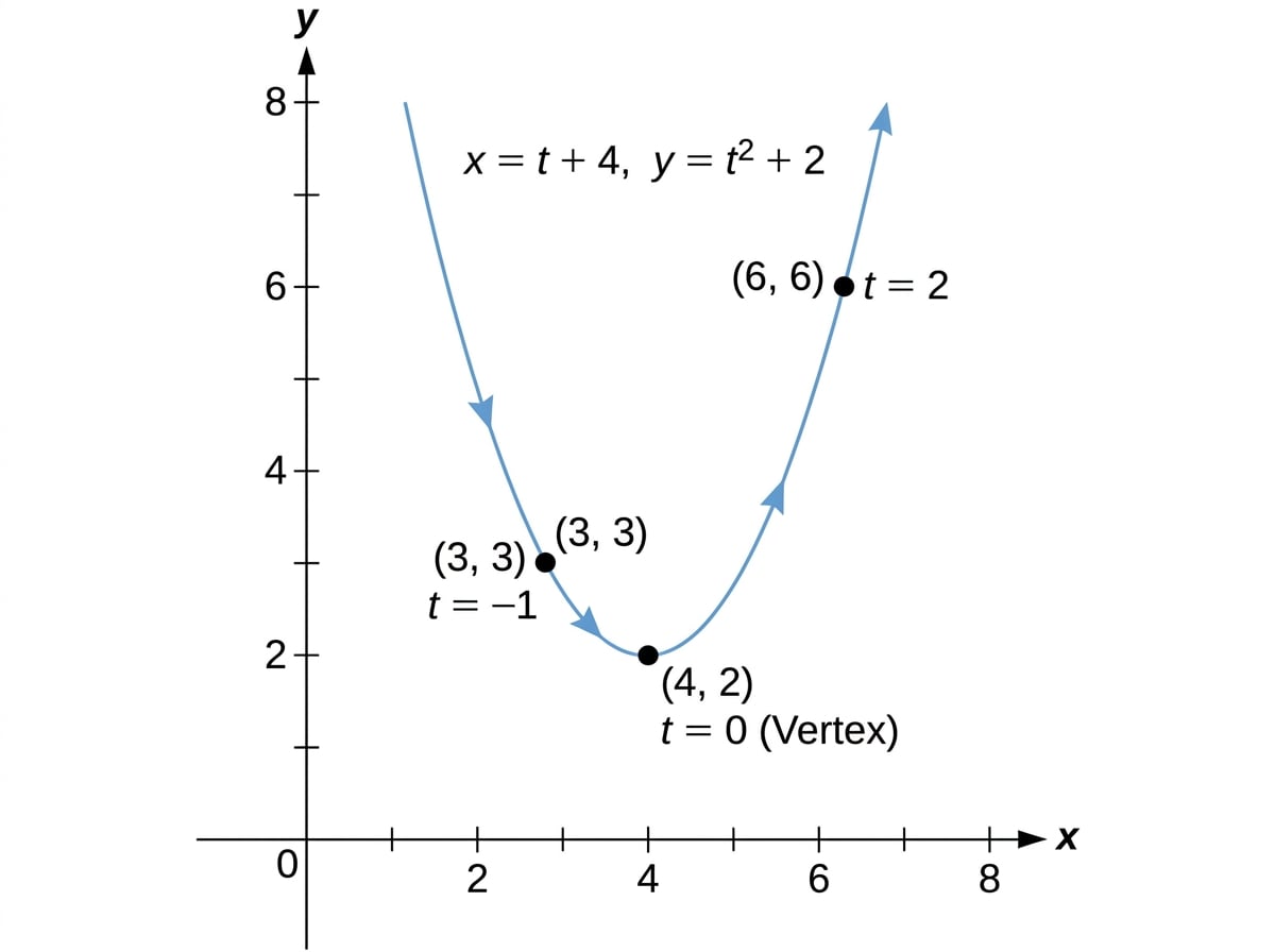 Graph of the parametric curve x equals t plus 4 and y equals t squared plus 2, with vertex at (4,2), sample points for t equals -1, 0, and 2, and arrows showing direction as t increases
