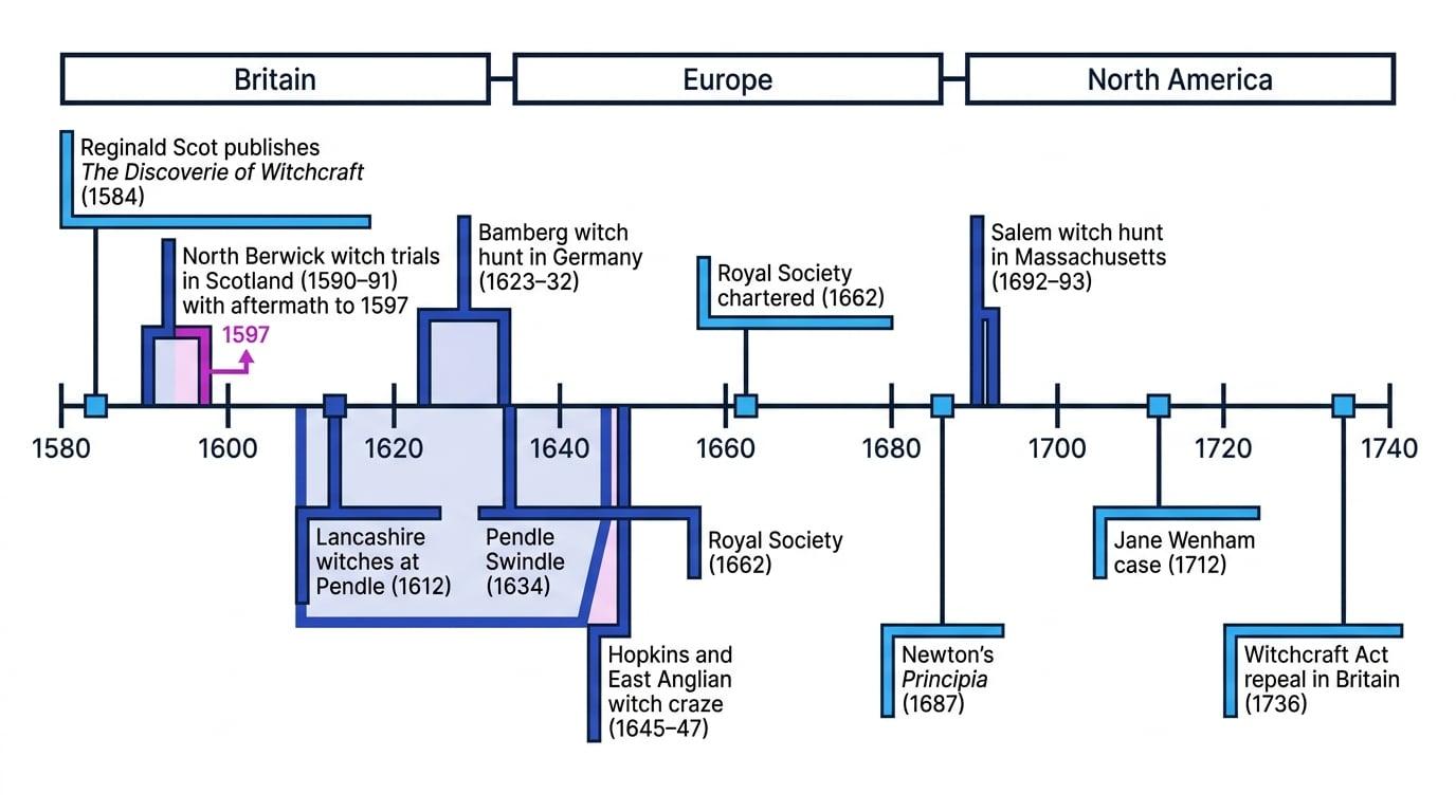 Timeline from 1584 to 1736 locating Scot, the five depth studies, the Royal Society, Newton, Jane Wenham and the 1736 repeal