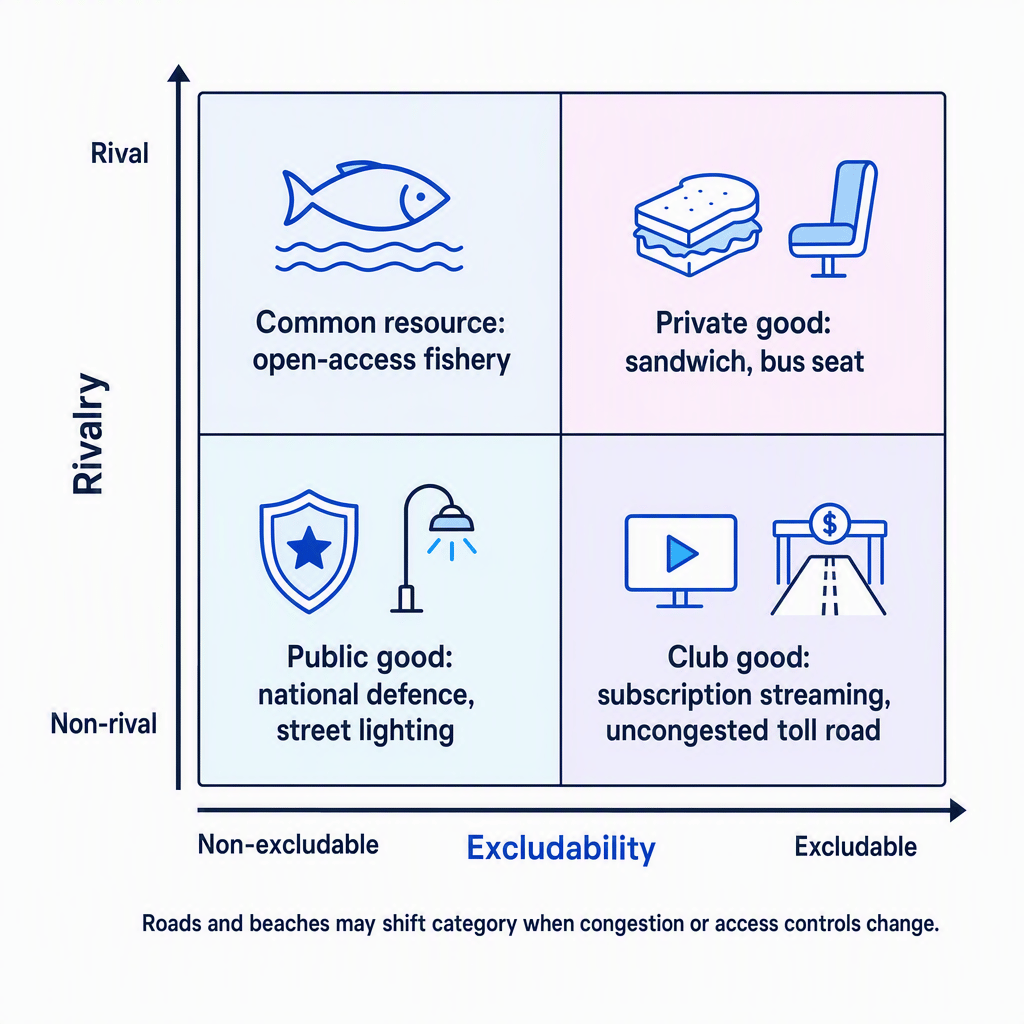 Two-by-two economics matrix classifying goods by rivalry and excludability, with examples including national defence, sandwiches, fisheries, streaming and toll roads