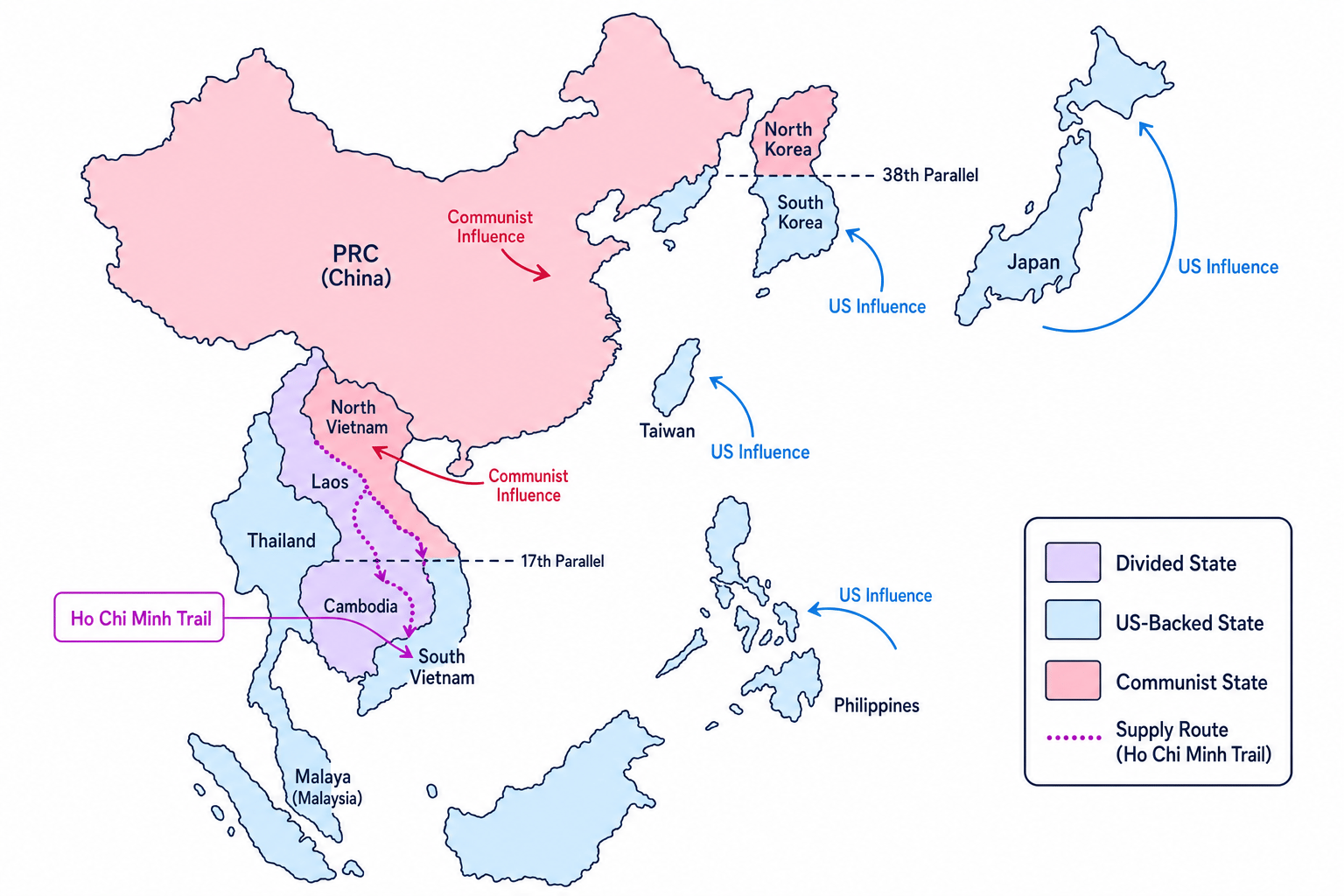 Map of East and Southeast Asia showing China, divided Korea and Vietnam, Taiwan, US-backed states, communist influence, and the Ho Chi Minh Trail through Laos and Cambodia