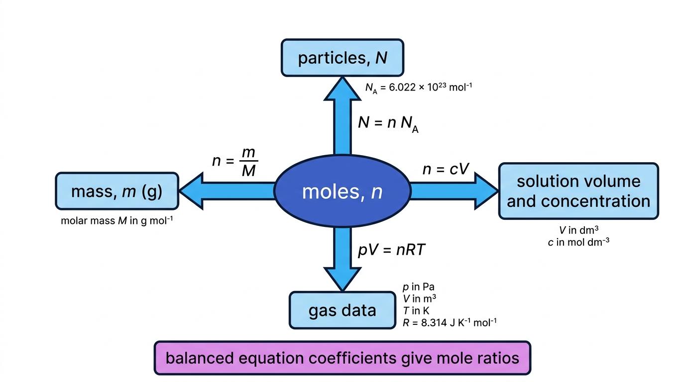 Amount of substance map linking moles to mass, particles, solution concentration, gas data, and balanced equation mole ratios