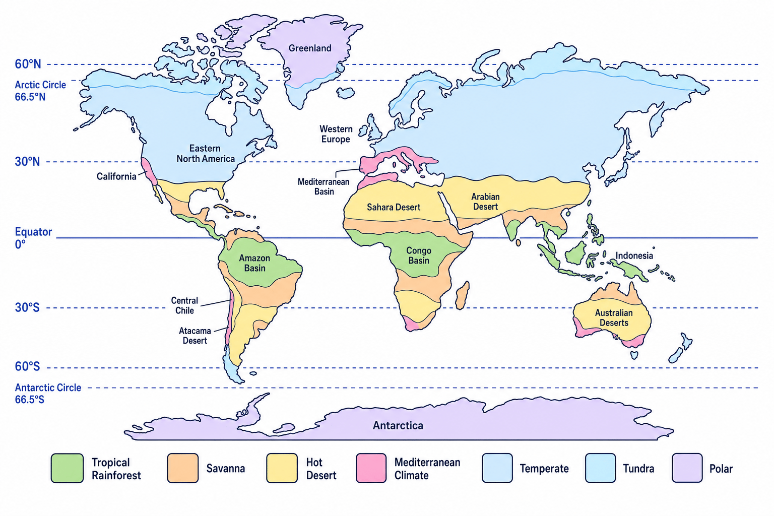 World map showing broad climate belts by latitude including tropical rainforest, savanna, hot desert, temperate, Mediterranean, tundra and polar regions