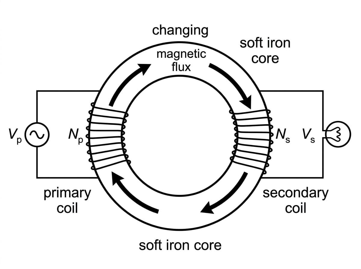 A labelled transformer schematic showing a primary coil connected to an AC supply, a secondary coil connected to a load, a soft iron core, and changing magnetic flux through the core