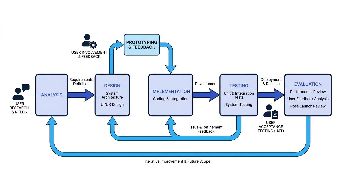Flowchart showing analysis, design, prototyping and feedback, implementation, testing and evaluation with user involvement and feedback loops
