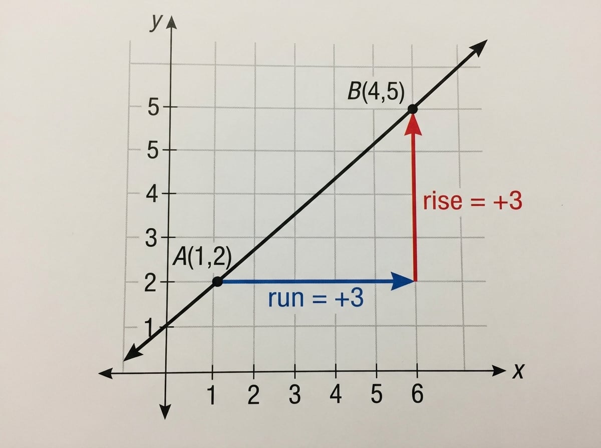 Coordinate grid with line through A(1,2) and B(4,5), showing run +3 and rise +3