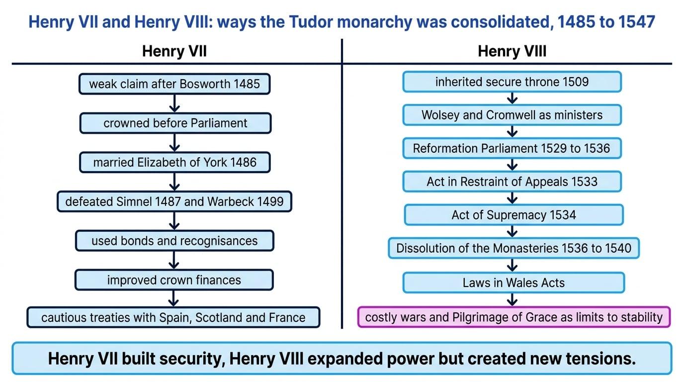 Comparison chart contrasting Henry VII's security-building measures with Henry VIII's expansion of royal power and resulting tensions