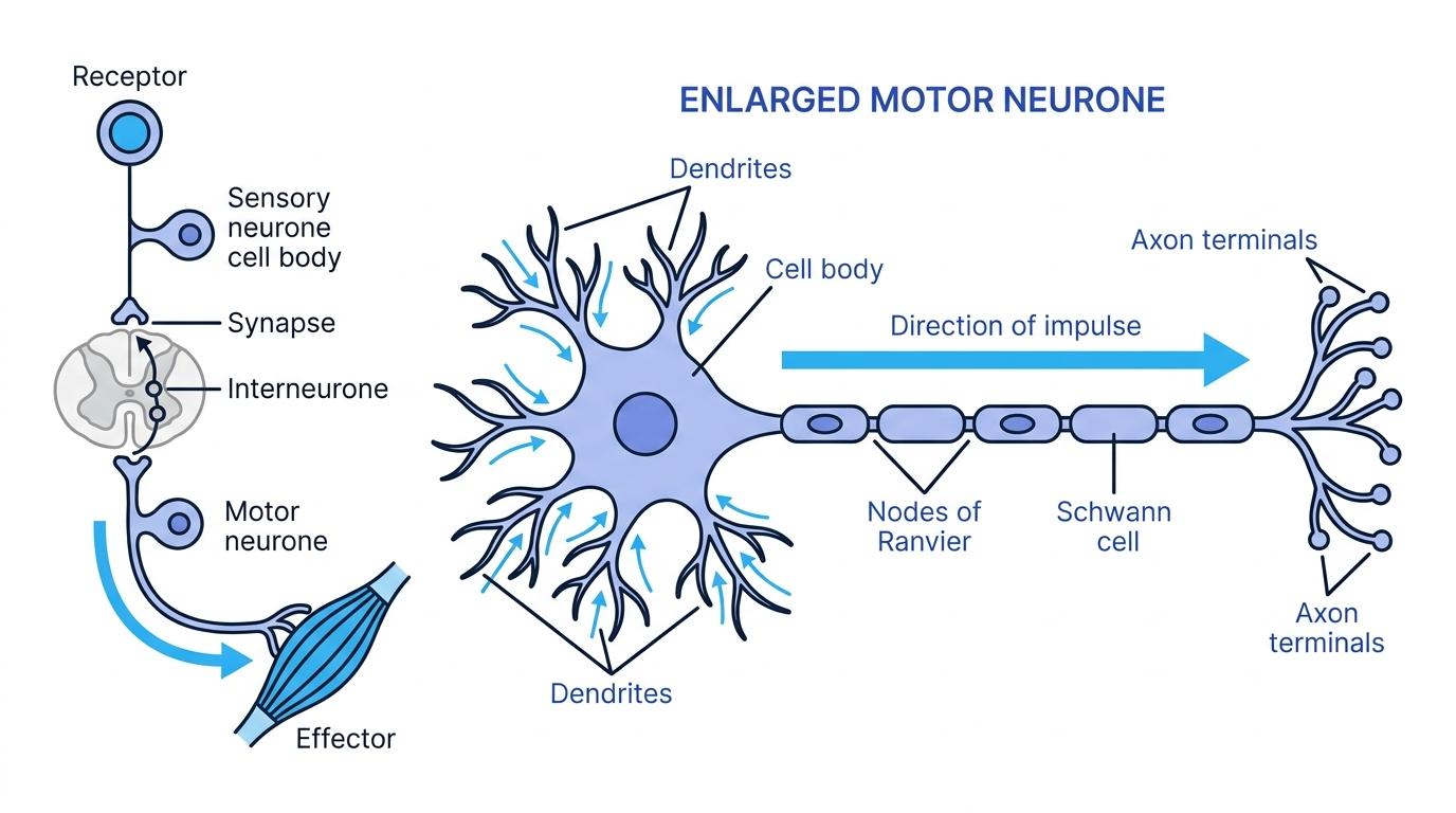 Annotated pathway from receptor to effector with an enlarged myelinated motor neurone labelled with dendrites, cell body, axon, Schwann cell, nodes of Ranvier and axon terminals