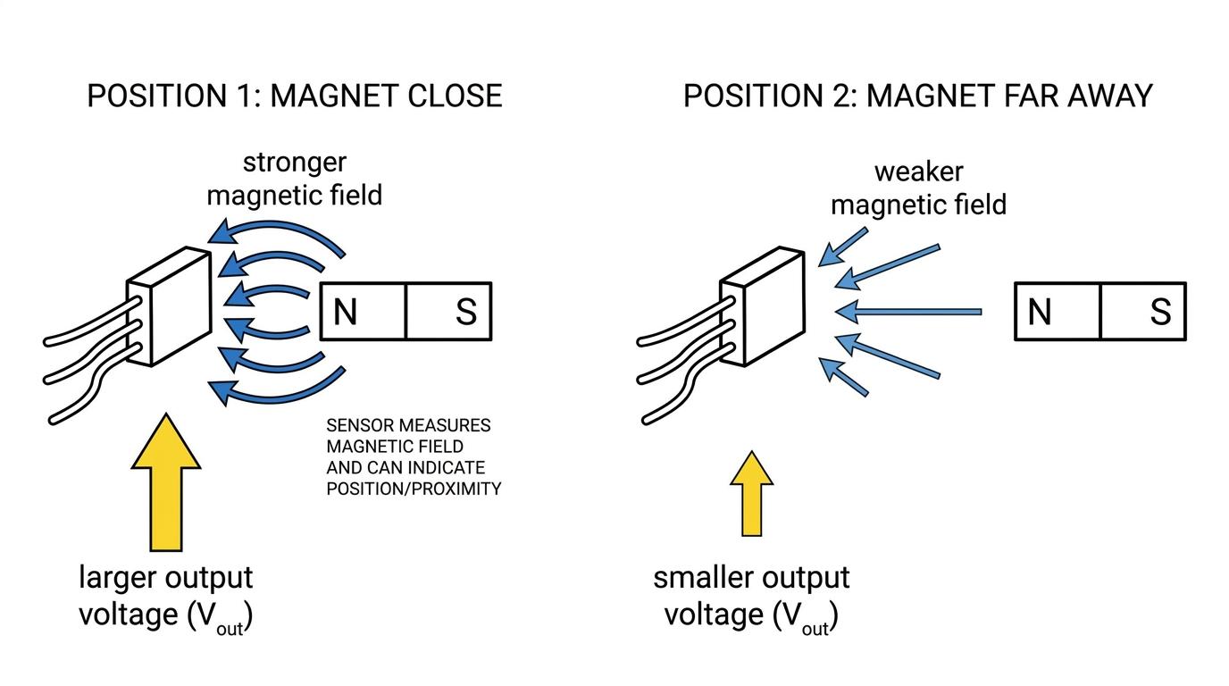 Hall effect sensor beside a bar magnet shown close and far away, with stronger and weaker field labels and larger and smaller output voltage