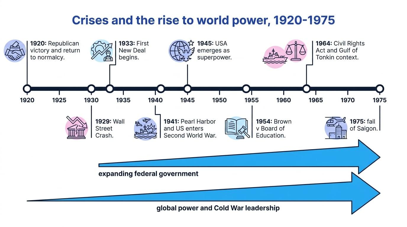 Timeline of major US turning points from 1920 to 1975, from return to normalcy and the New Deal to Pearl Harbor, Brown v Board and the fall of Saigon, with arrows showing expanding federal government and growing global power