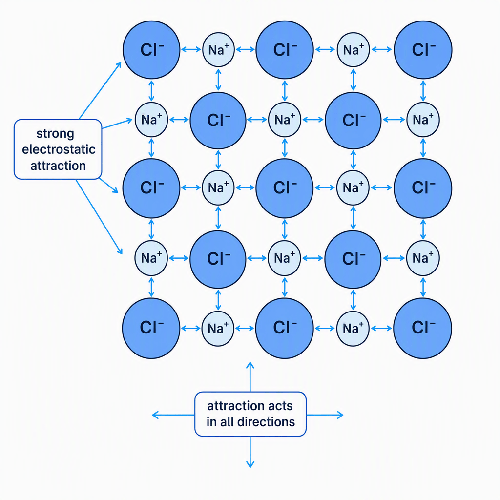 Diagram of a sodium chloride giant ionic lattice showing alternating Na+ and Cl- ions and attractions in all directions