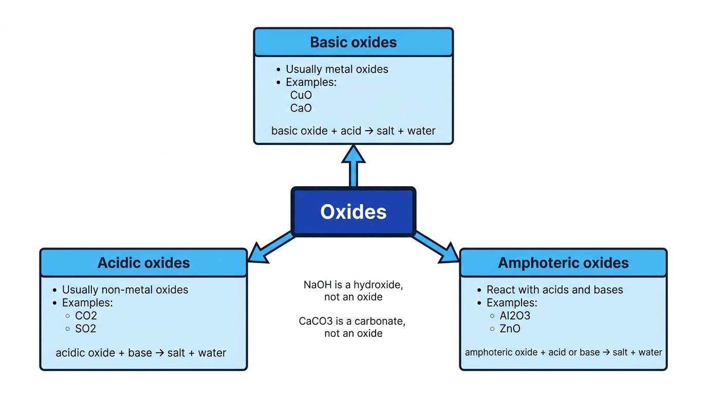 Concept map classifying oxides into basic, acidic and amphoteric groups with examples and reaction patterns