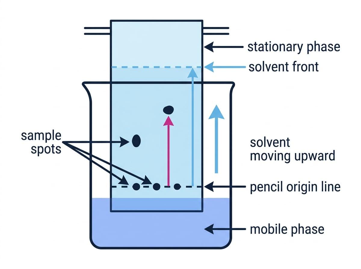 Paper chromatography setup in a beaker with paper as stationary phase, solvent as mobile phase, origin line, sample spots, solvent front, and arrows showing measurement distances