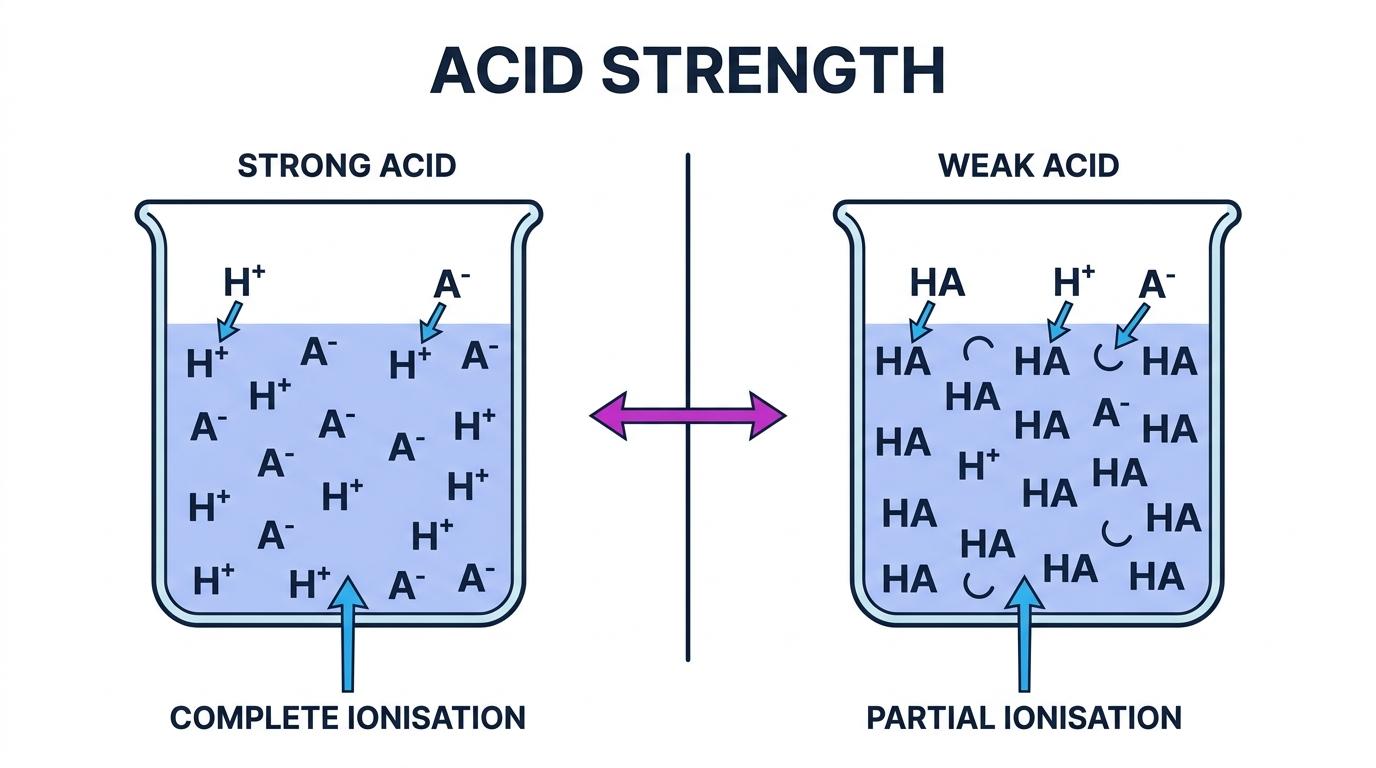 Diagram showing complete ionisation of a strong acid compared to partial ionisation of a weak acid