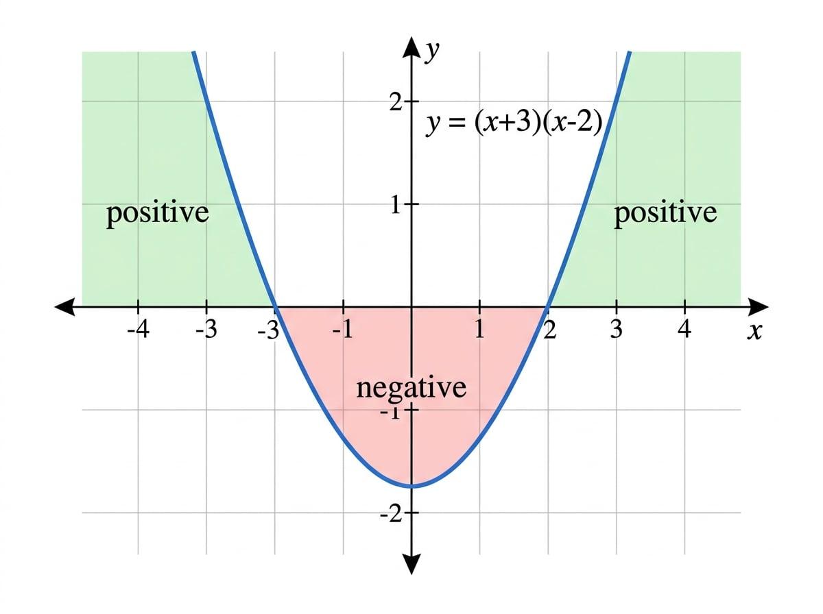 Upward-opening parabola crossing the x-axis at x = -3 and x = 2, with positive regions outside the roots and a negative region between them labelled