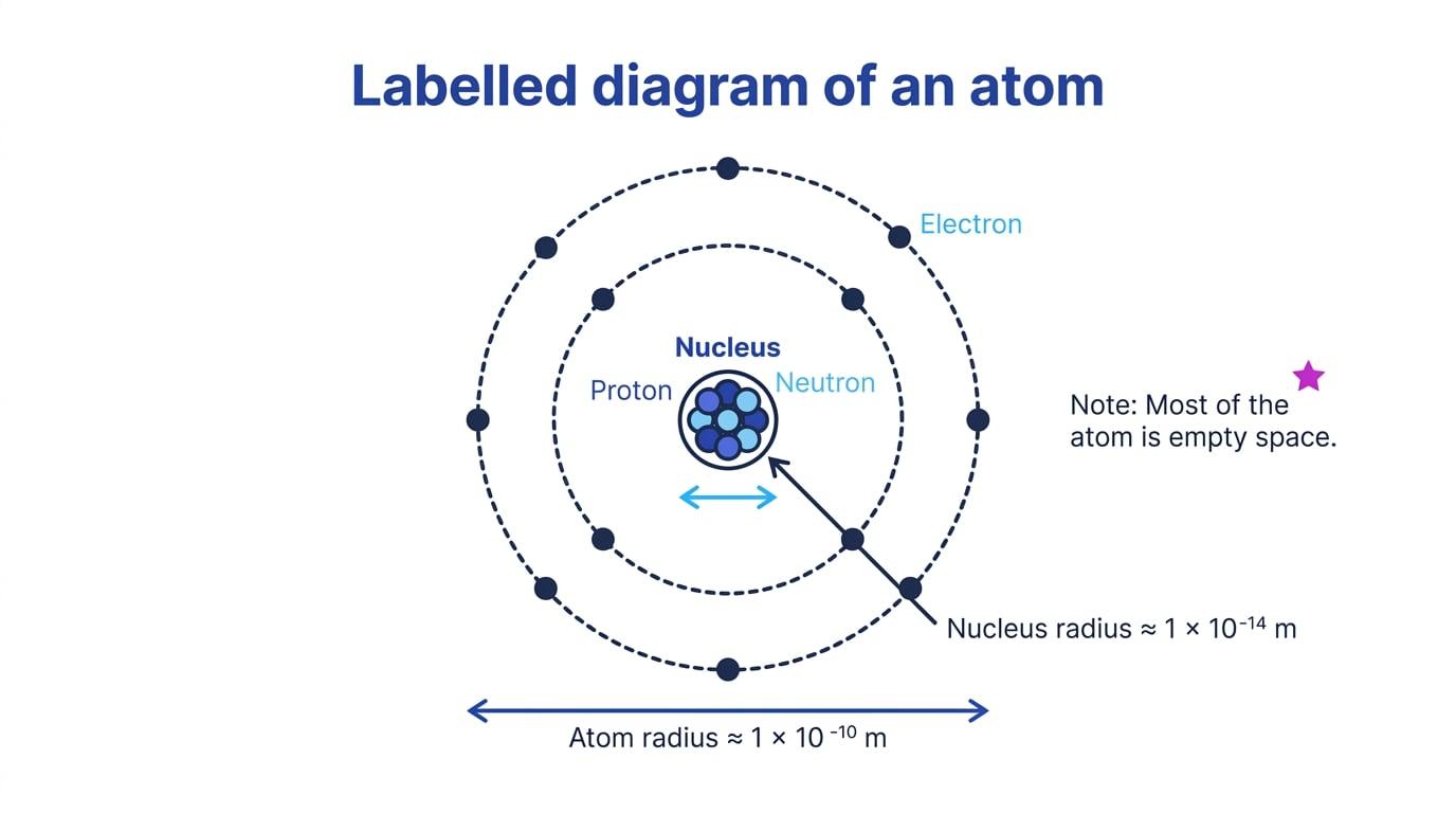 Labelled atom with electrons in shells, a tiny nucleus containing protons and neutrons, and labels comparing atom radius about 1 \times 10^{-10} \, \text{m} with nucleus radius about 1 \times 10^{-14} \, \text{m}