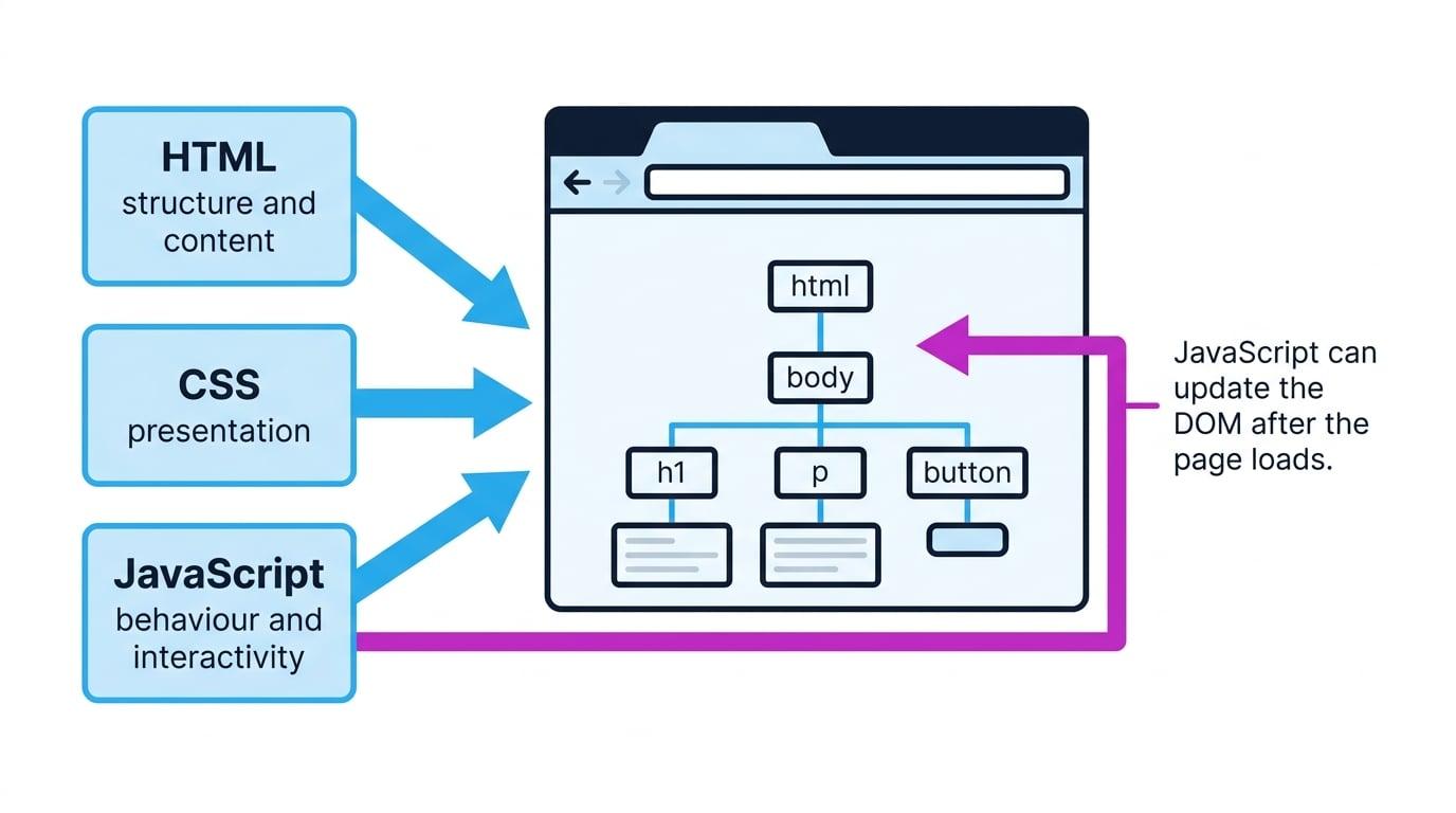 Diagram showing HTML for structure, CSS for presentation, and JavaScript for behaviour feeding into a browser that contains a DOM tree with html, body, h1, p and button nodes, with a note that JavaScript can update the DOM after the page loads
