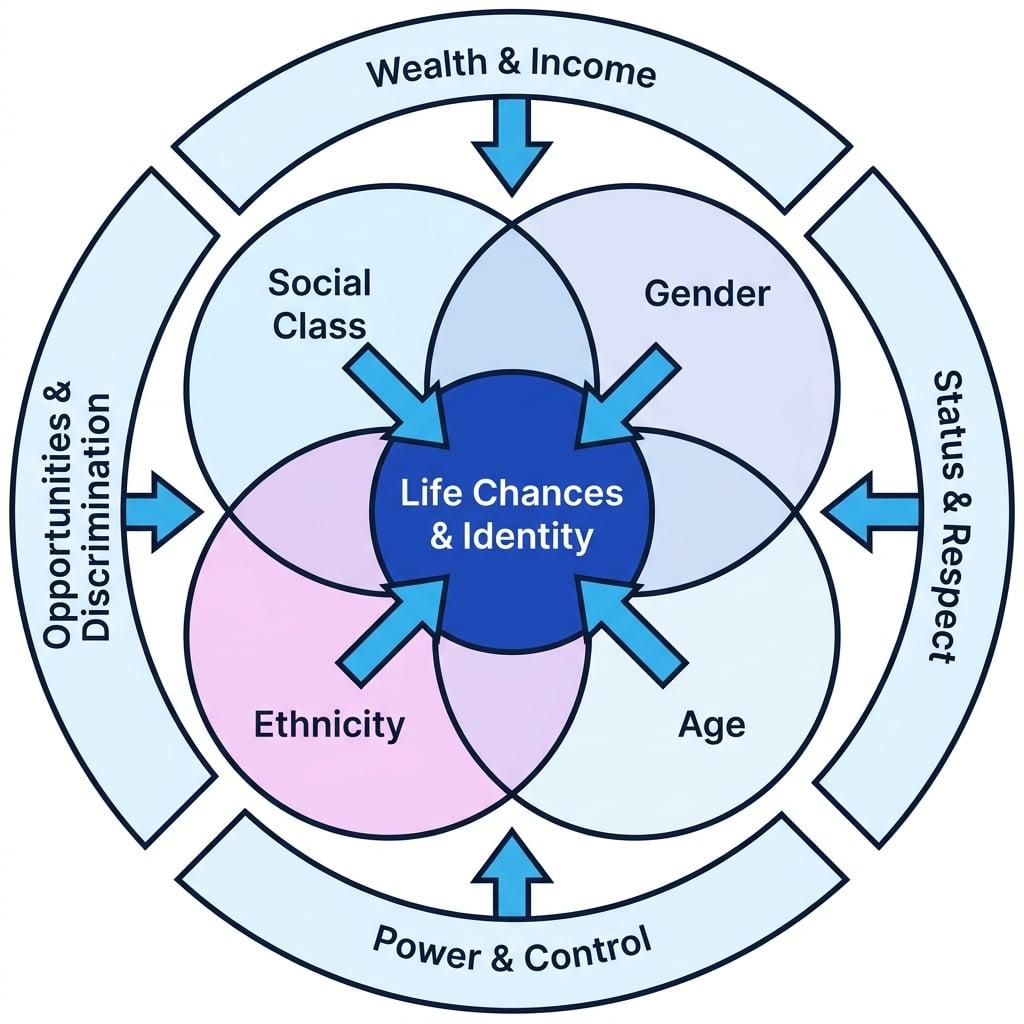 Conceptual diagram showing the intersection of Social Class, Gender, Ethnicity, and Age influencing Life Chances and Identity, surrounded by wealth, status, power, and opportunities