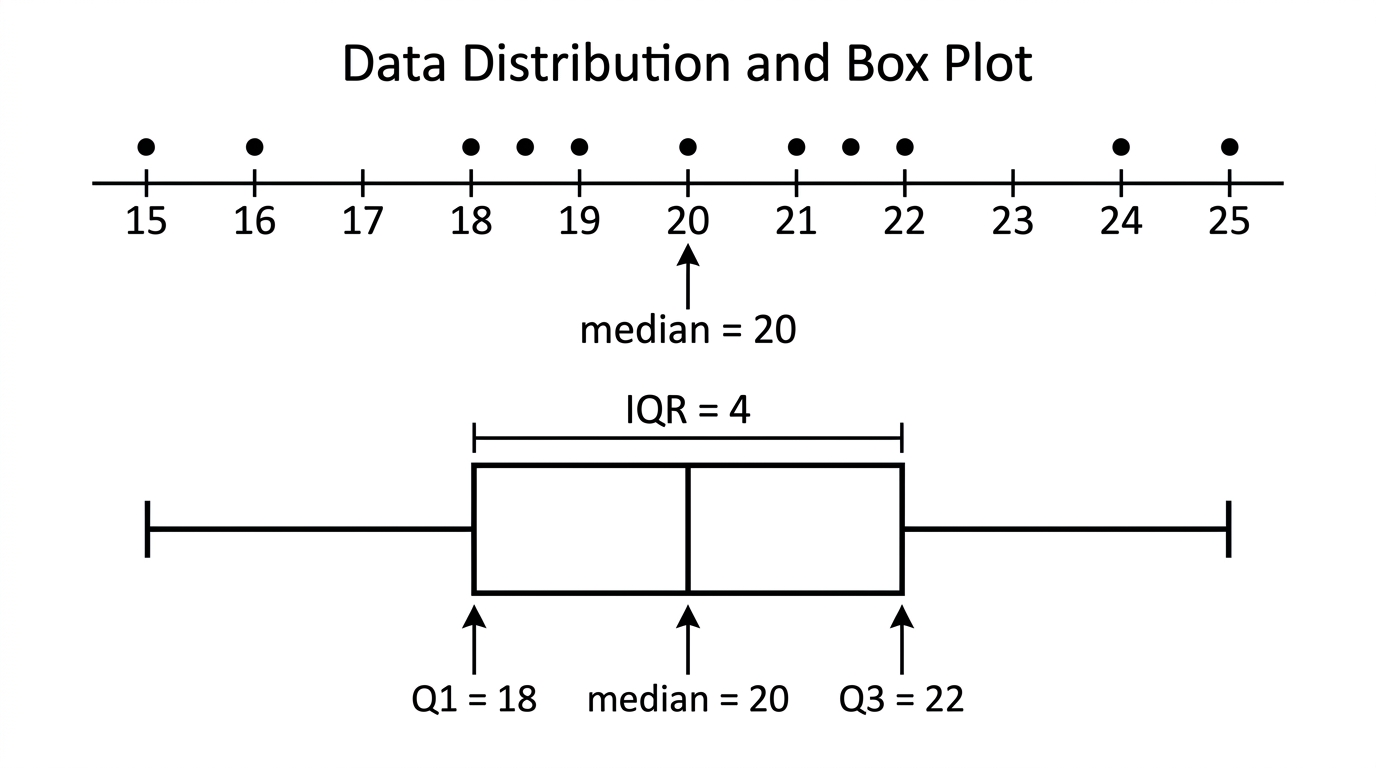 Ordered scores on a number line with a matching box plot labelled Q_1 = 18, median = 20, Q_3 = 22, and IQR = 4