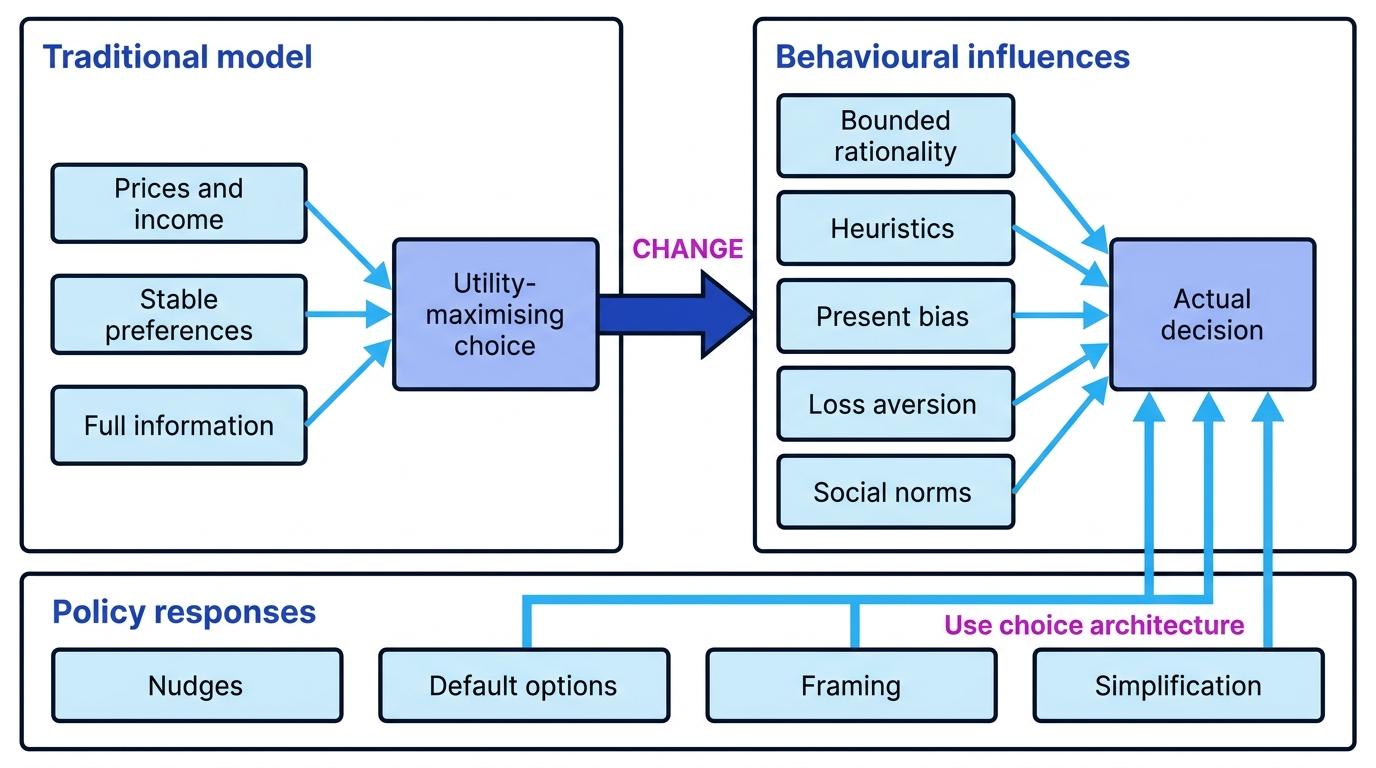 Flowchart comparing the rational agent benchmark with behavioural influences such as bounded rationality, heuristics, present bias, loss aversion and social norms, plus policy responses like nudges, defaults, framing and simplification