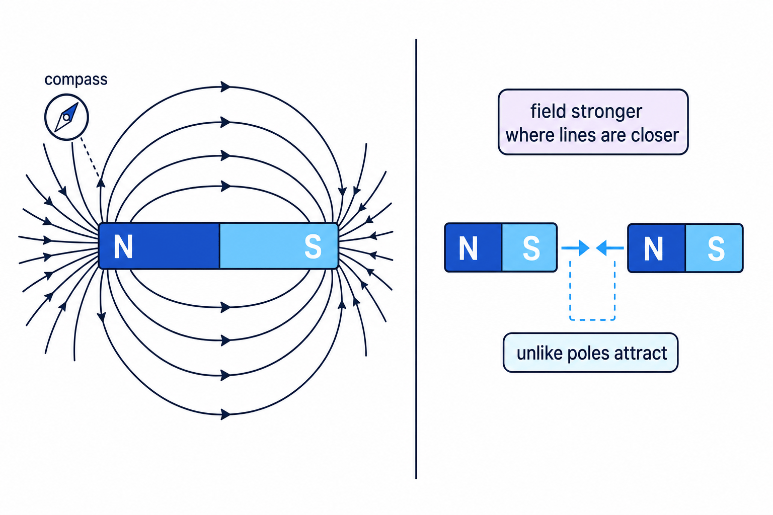 Bar magnet with field lines emerging from the north pole and entering the south pole, a compass aligned with the field, and two unlike poles attracting
