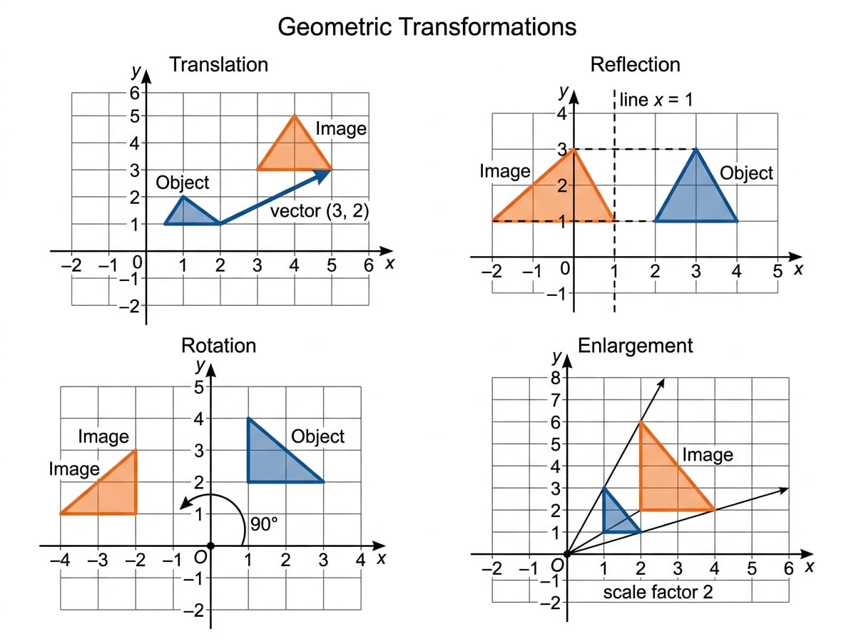 Four coordinate grids showing the same triangle translated, reflected in the line x = 1, rotated 90 degrees anticlockwise about O, and enlarged by scale factor 2 from O