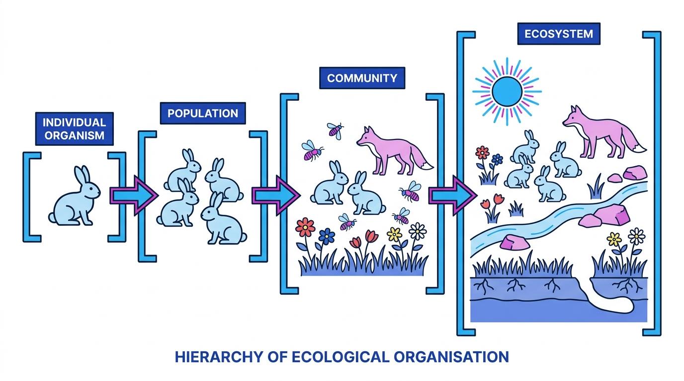Hierarchy diagram showing a single rabbit as an individual organism, several rabbits as a population, multiple meadow species as a community, and the same scene with sunlight, water, soil and rocks as an ecosystem