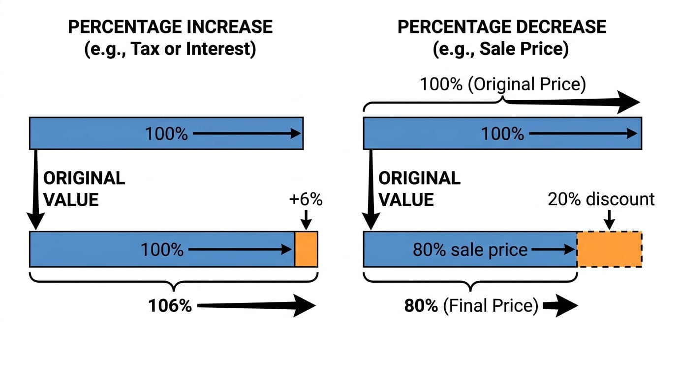 Bar models comparing original 100 percent with final 106 percent after an increase, and original 100 percent with sale price 80 percent after a 20 percent discount