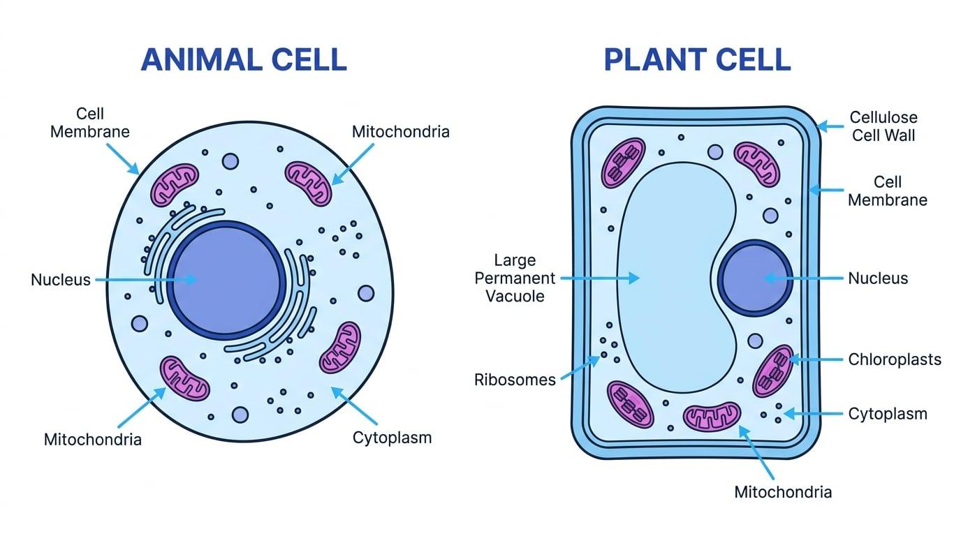 Labelled comparison of an animal cell and a plant cell showing nucleus, cytoplasm, cell membrane, mitochondria, ribosomes, chloroplasts, a permanent vacuole and a cellulose cell wall