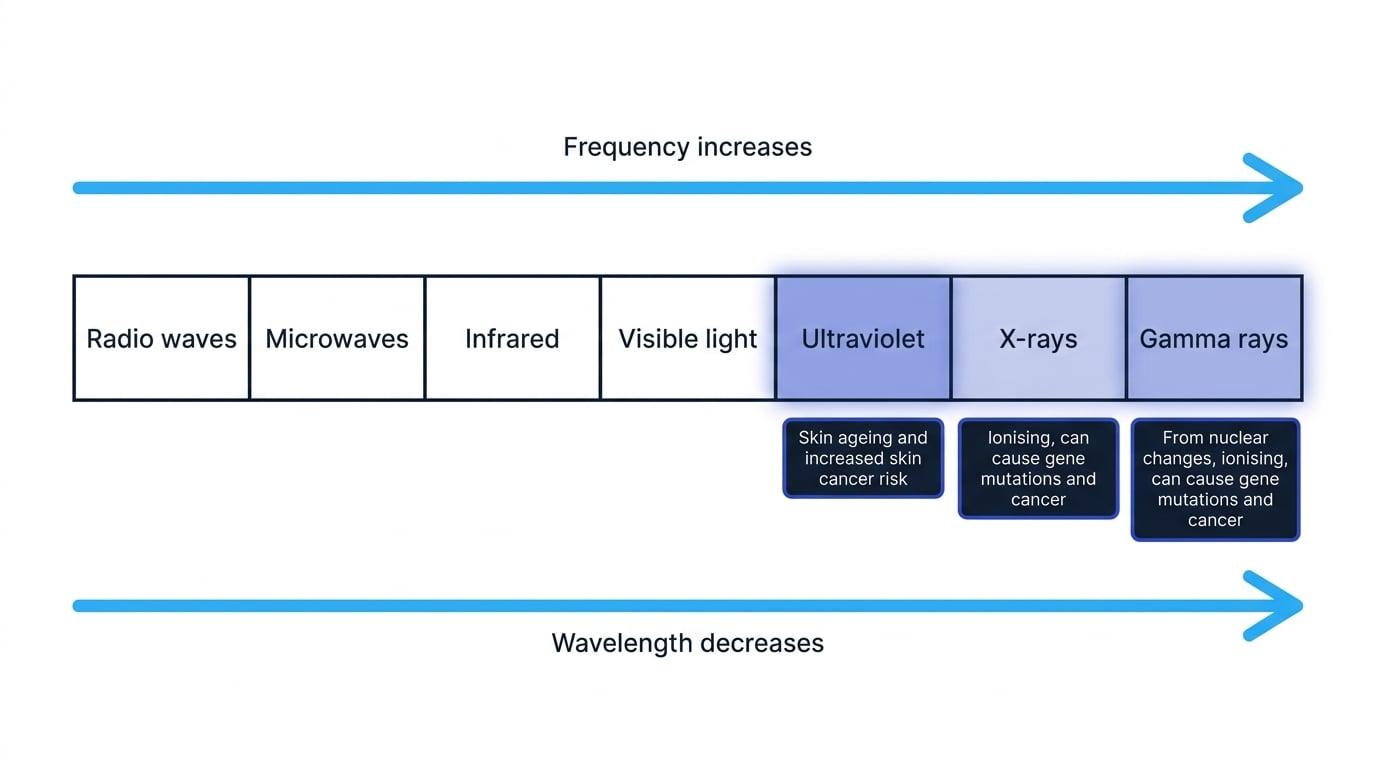 Electromagnetic spectrum from radio waves to gamma rays, with frequency increasing and wavelength decreasing, and hazards of ultraviolet, X-rays and gamma rays labelled