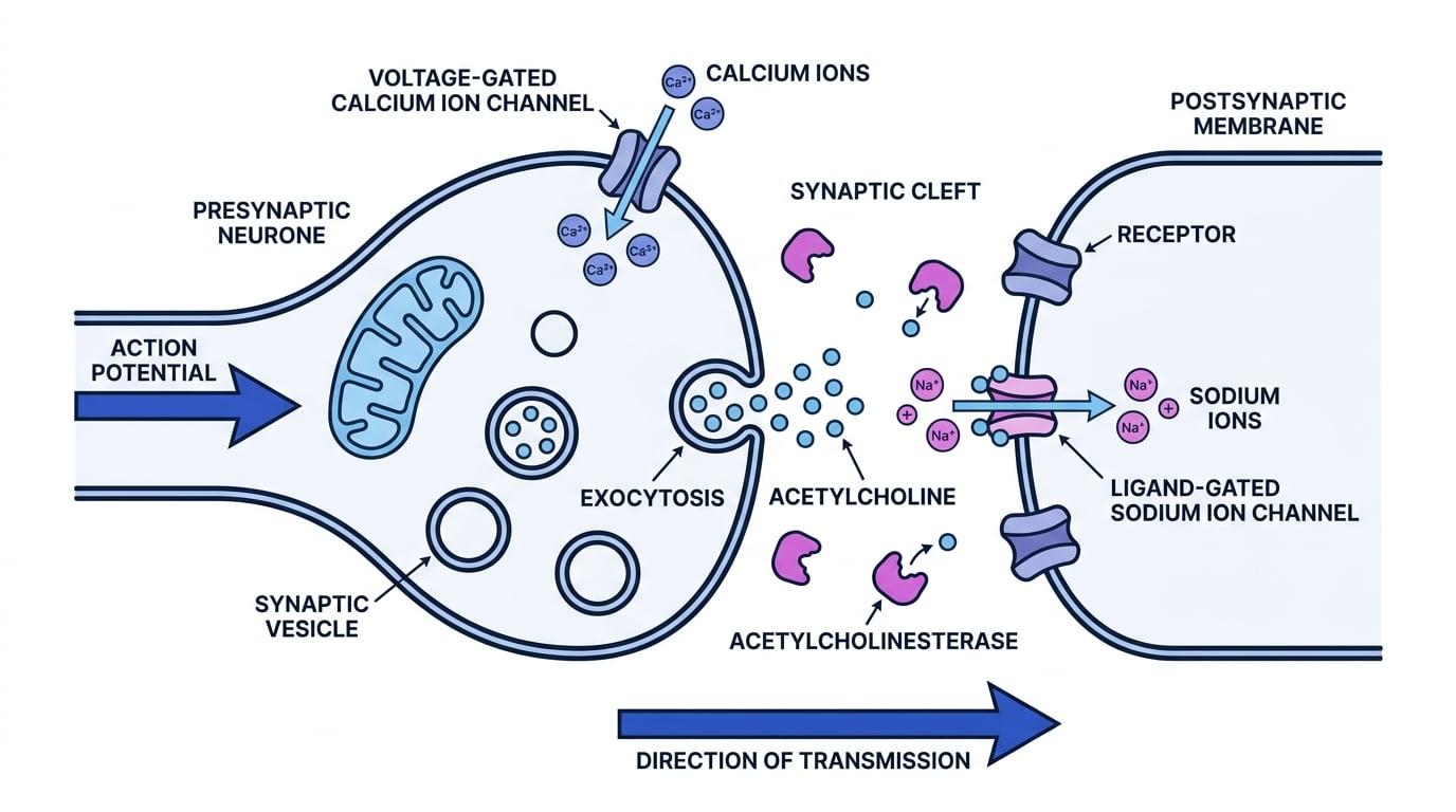 Annotated cholinergic synapse showing presynaptic neurone, synaptic vesicles, voltage-gated calcium channels, acetylcholine in the synaptic cleft, acetylcholinesterase, postsynaptic receptors, sodium entry and direction of transmission