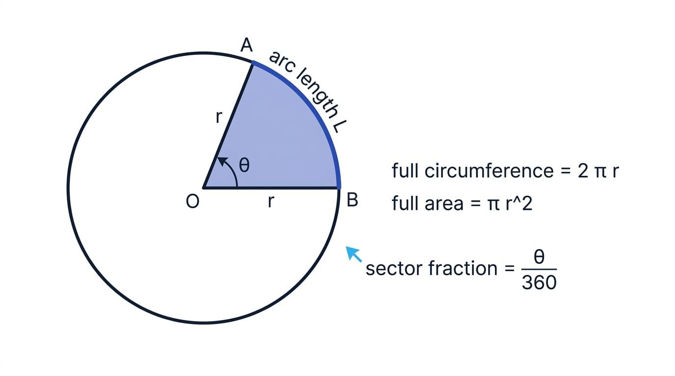 Sector of a circle with centre O, two radii, central angle theta, and arc length L labelled