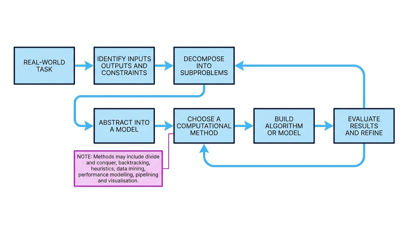 Flow diagram of turning a real-world task into a computational solution, from identifying inputs, outputs and constraints through decomposition, abstraction, method choice, algorithm or model, and evaluation