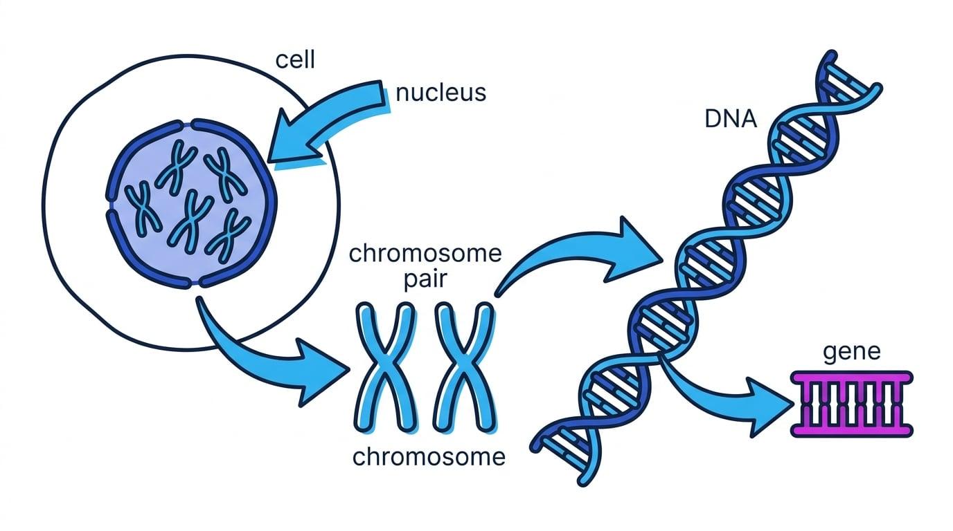 Labelled cell with nucleus containing chromosome pairs and zoom from chromosome to DNA and a gene