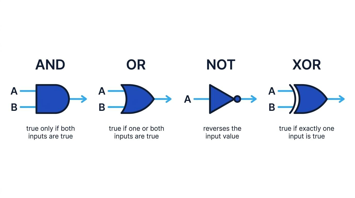 Logic gate symbols for AND, OR, NOT and XOR with input labels and short meanings