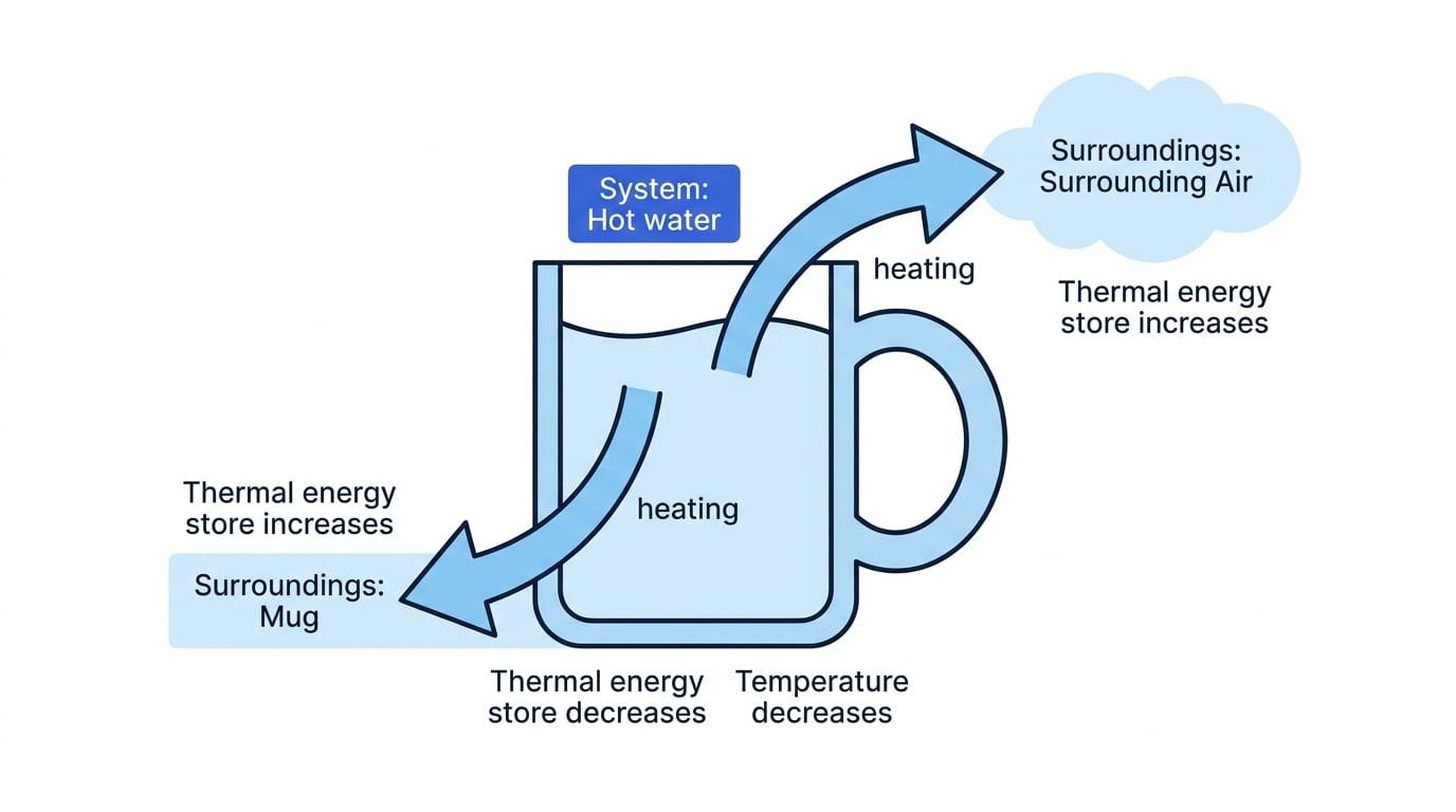 Energy transfer diagram of hot water in a mug labelled as the system, with arrows showing heating to the mug and surrounding air