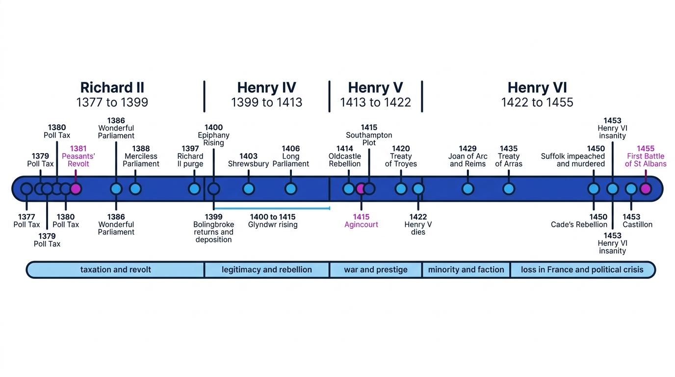 Annotated timeline of England from Richard II to Henry VI with key crises such as the Peasants' Revolt, Agincourt, and St Albans labelled