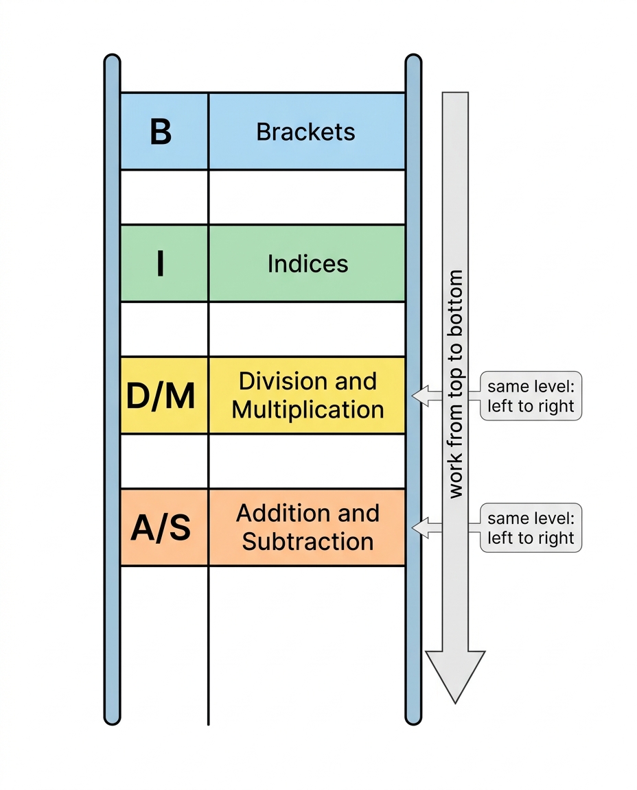 BIDMAS ladder with brackets at the top, then indices, then division and multiplication together, then addition and subtraction together, with notes to work from top to bottom and left to right on equal levels