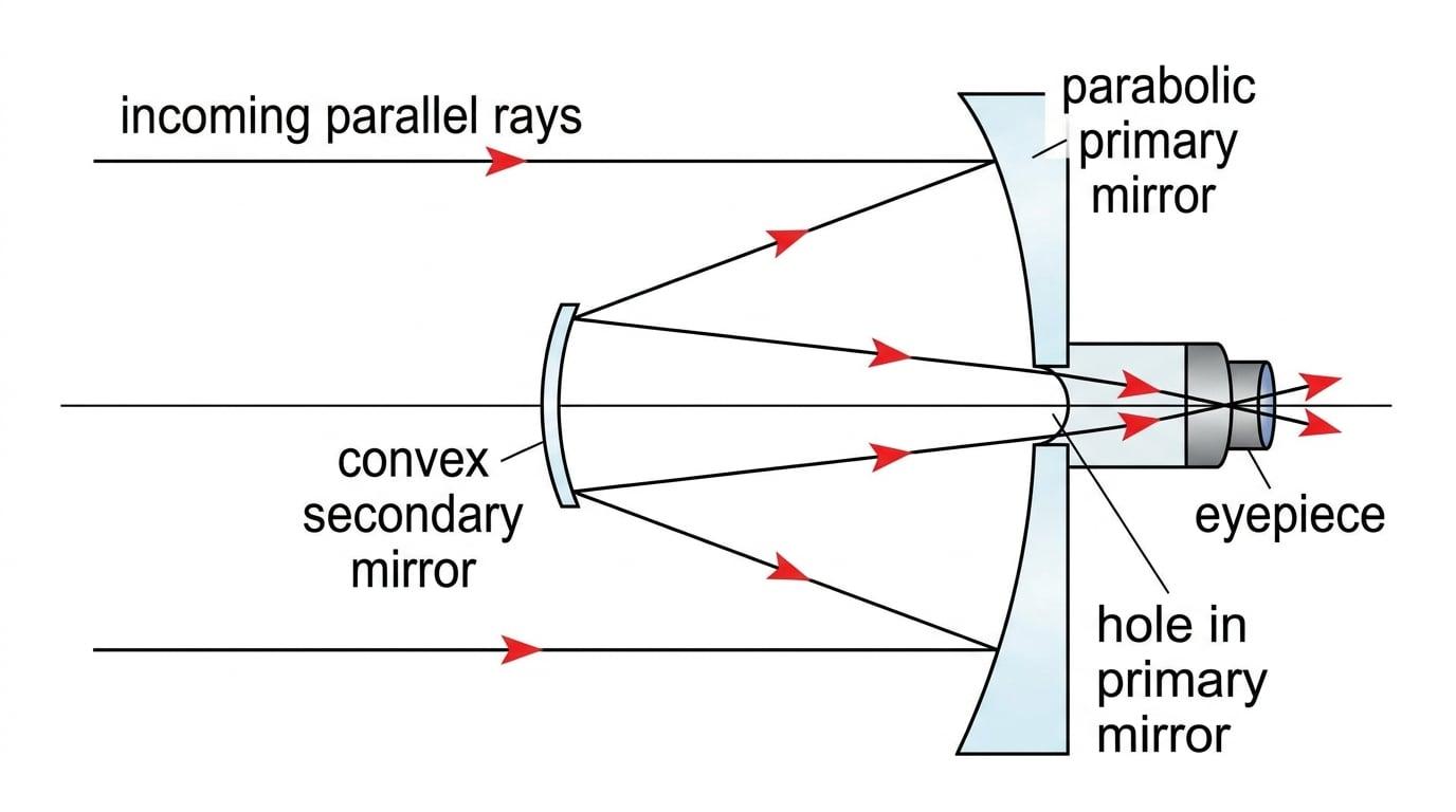 Ray diagram of a Cassegrain reflecting telescope with incoming parallel rays, a parabolic primary mirror, a convex secondary mirror, and rays returning through the hole in the primary to the eyepiece