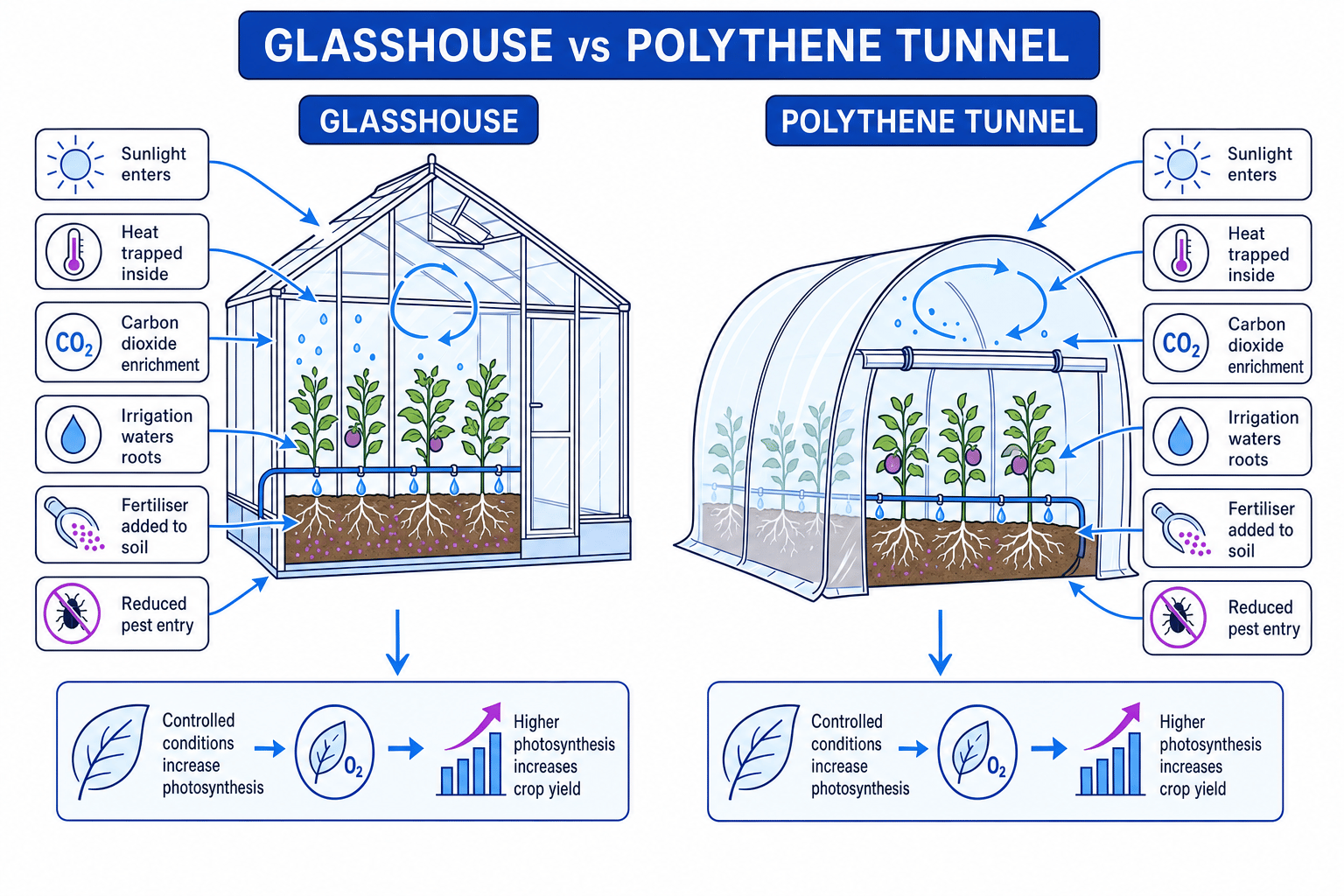 Labelled comparison of a glasshouse and a polythene tunnel showing sunlight, trapped heat, carbon dioxide enrichment, irrigation, fertiliser and reduced pest entry increasing crop yield