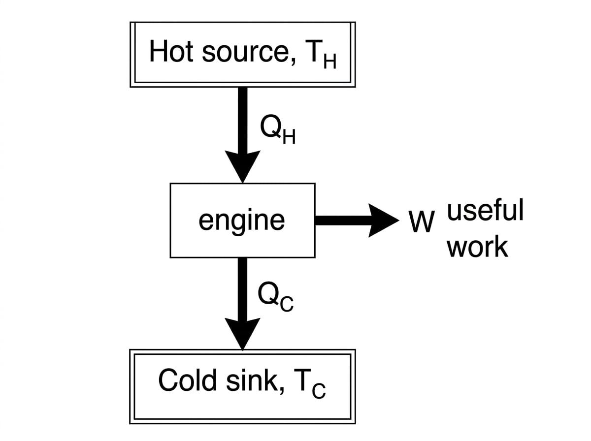 Schematic of a heat engine with hot source TH supplying QH to an engine, useful work W leaving, and waste heat QC flowing to cold sink TC