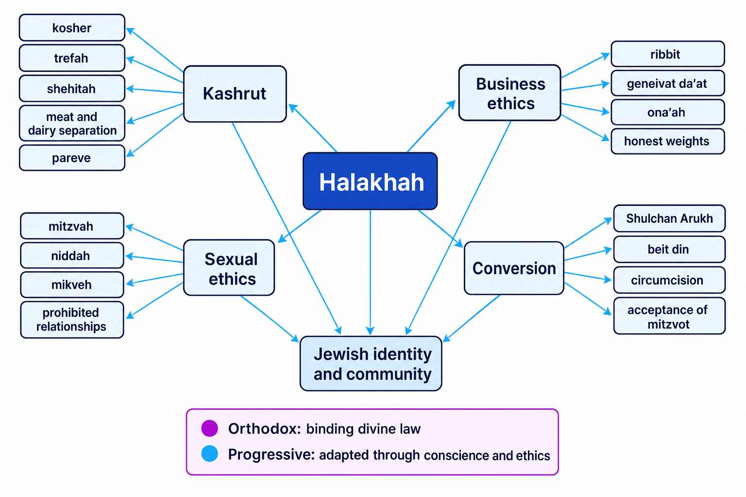 Concept map showing Halakhah linking kashrut, business ethics, sexual ethics, conversion, and Jewish identity, with Orthodox and Progressive approaches noted