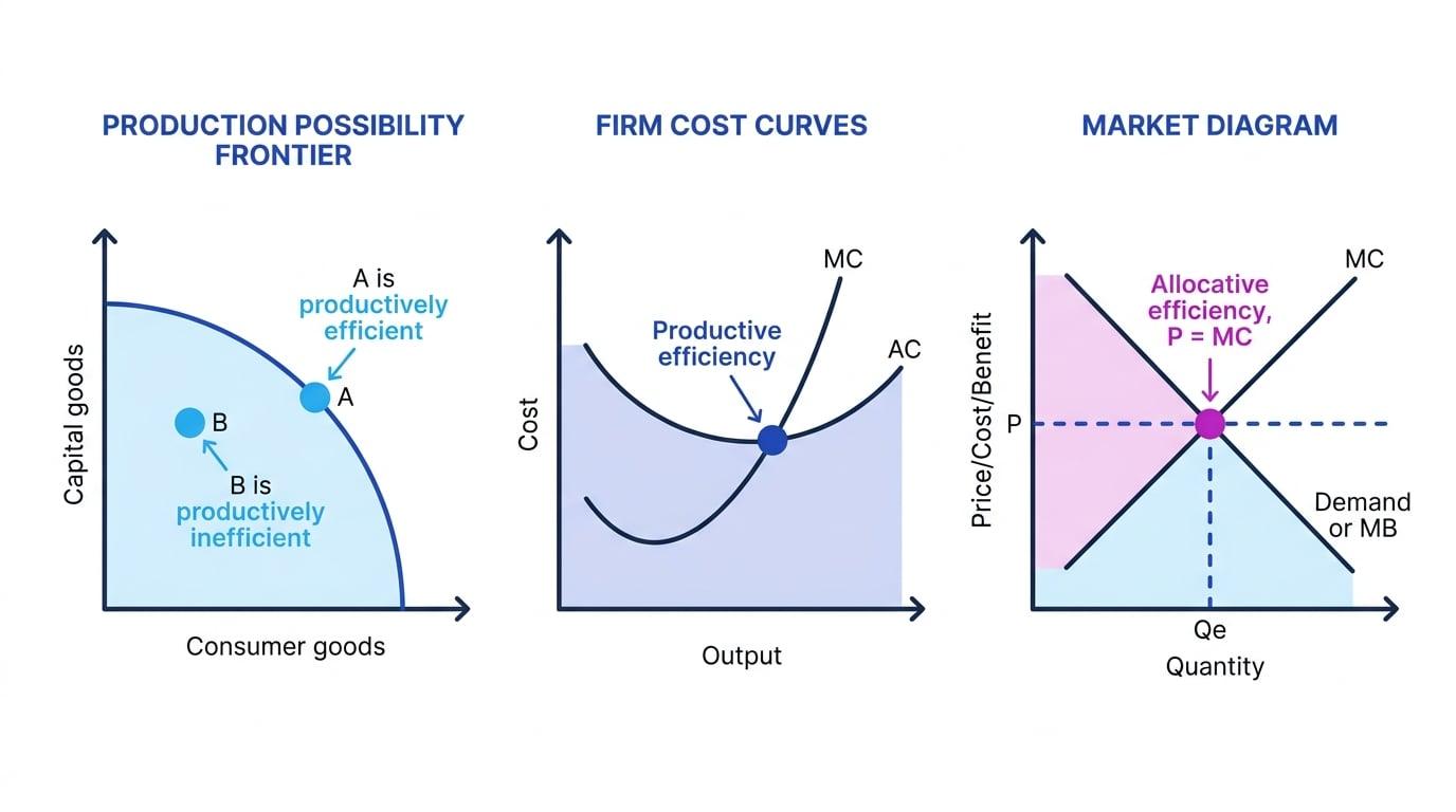 Three-panel diagram showing a PPF with an efficient point on the frontier and an inefficient point inside, a firm cost diagram with MC crossing AC at minimum AC, and a market diagram where demand or marginal benefit meets MC at allocative efficiency