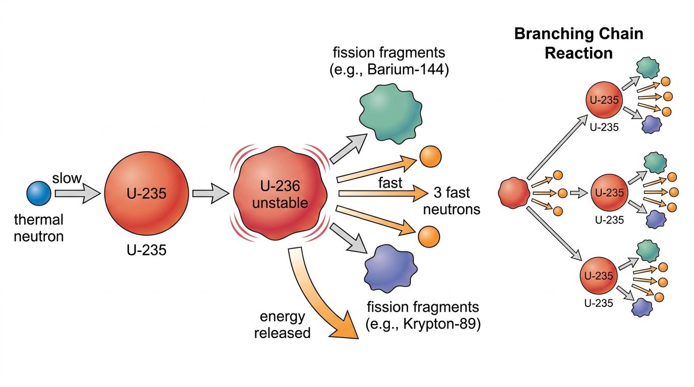 Schematic of uranium-235 absorbing a thermal neutron, forming unstable uranium-236, then splitting into barium-144, krypton-89, and three fast neutrons with a small chain reaction sketch