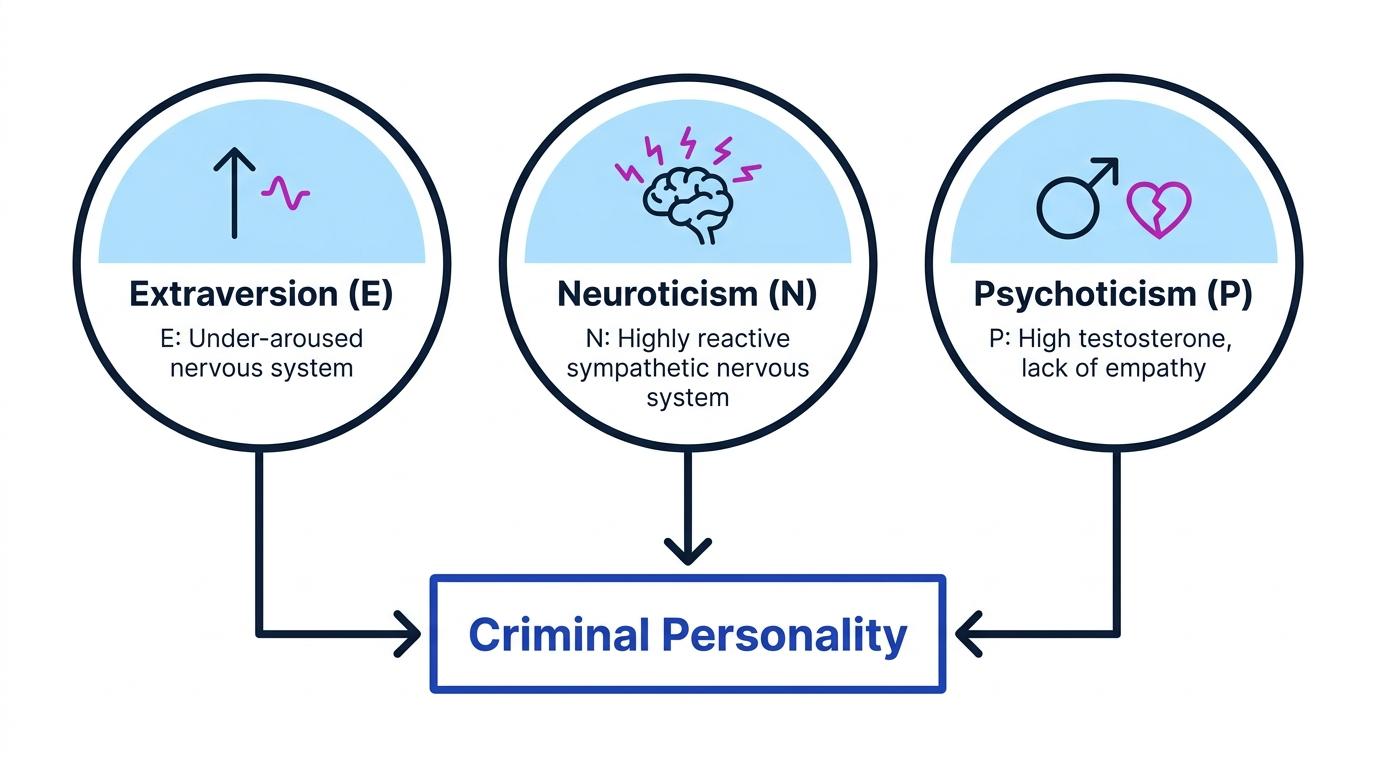 Conceptual diagram showing Extraversion, Neuroticism, and Psychoticism combining to form the Criminal Personality