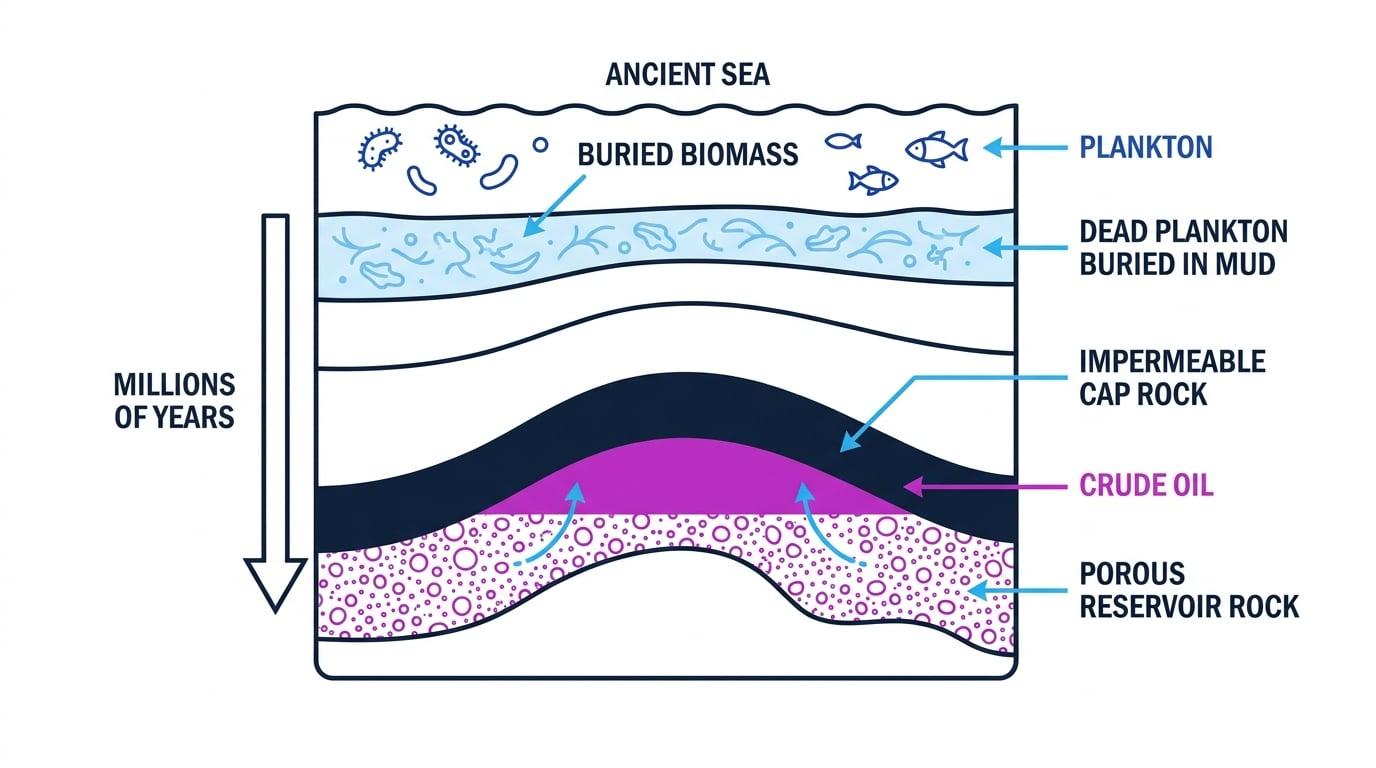 Cross-section showing ancient sea plankton buried in mud, crude oil trapped in porous reservoir rock beneath impermeable cap rock over millions of years