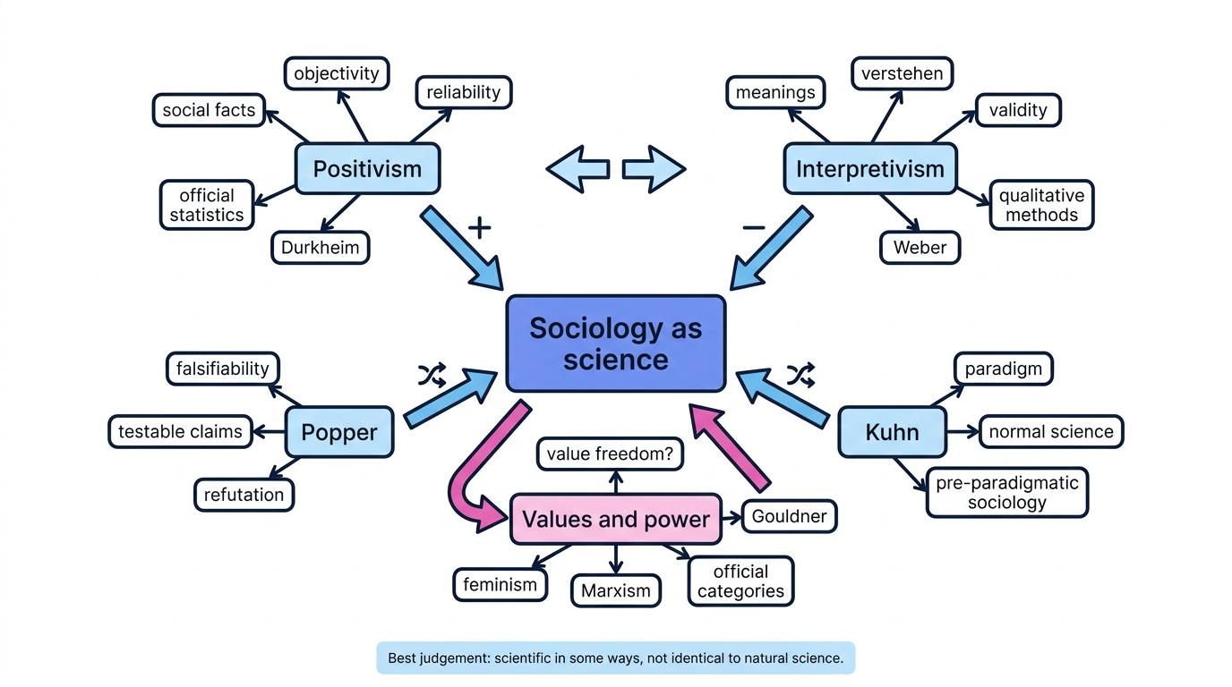 Concept map showing positivism, interpretivism, Popper, Kuhn, and values and power around the question of whether sociology can be scientific