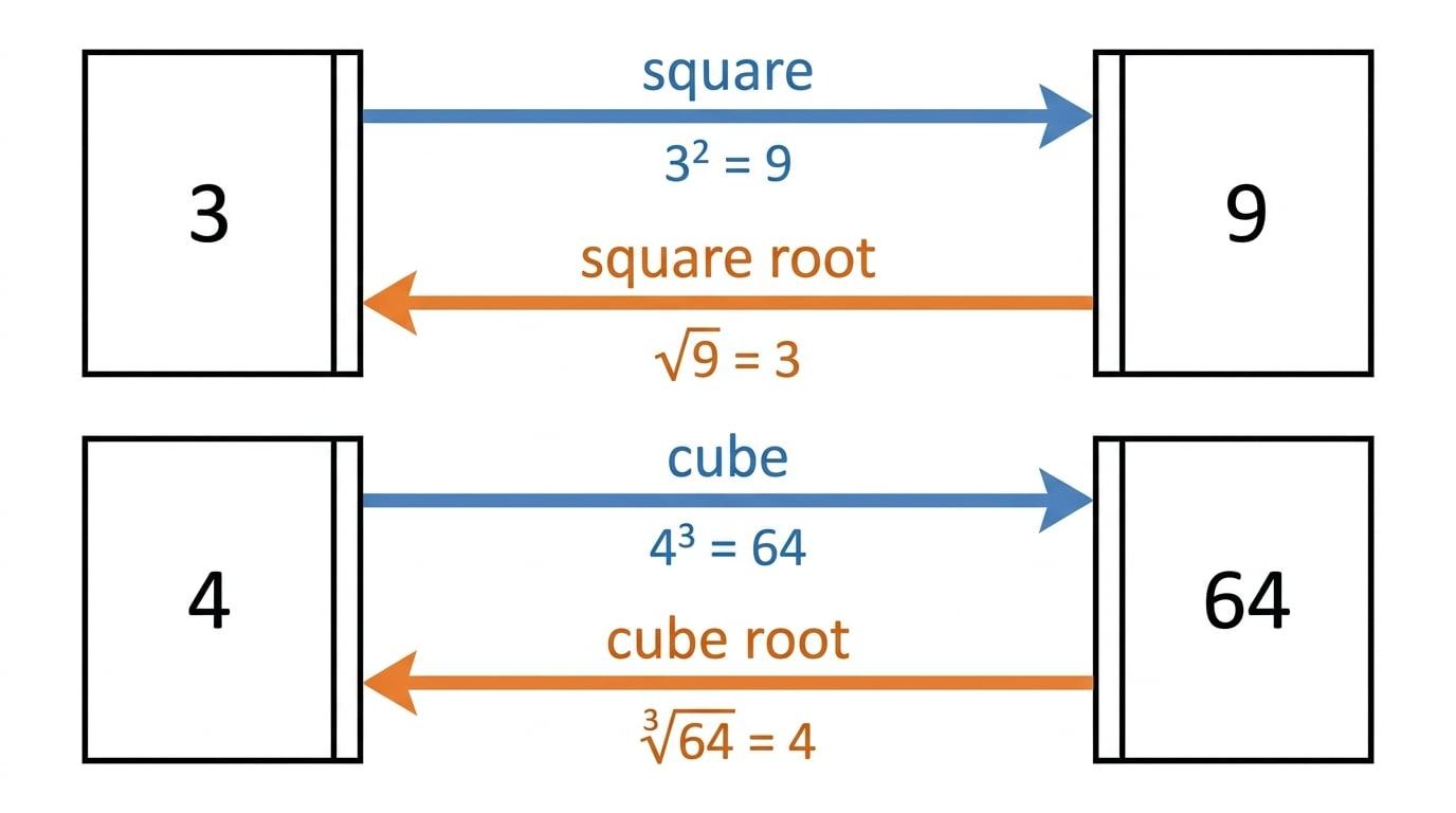 Flow diagram showing 3 squared gives 9 and square root returns to 3, and 4 cubed gives 64 and cube root returns to 4