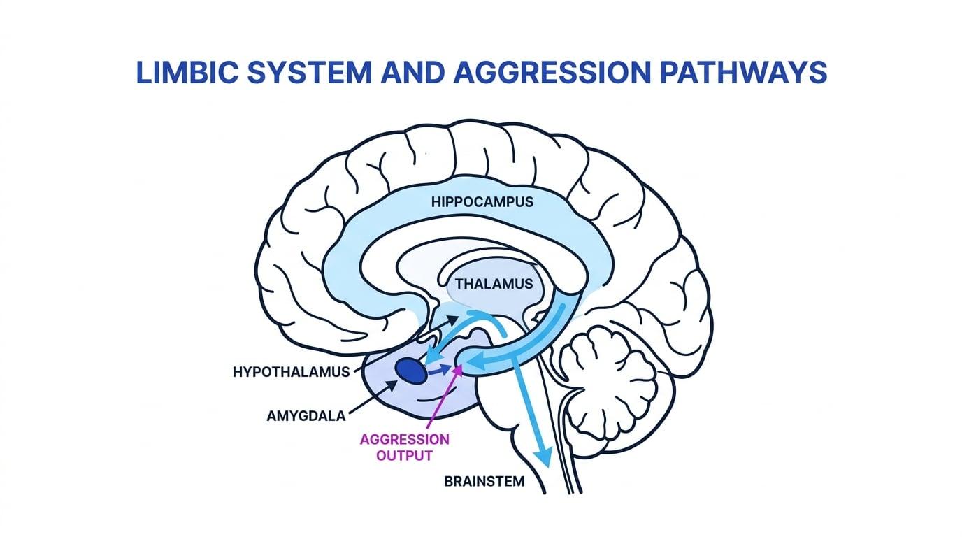 Diagram of the human brain highlighting the limbic system, amygdala, and hippocampus